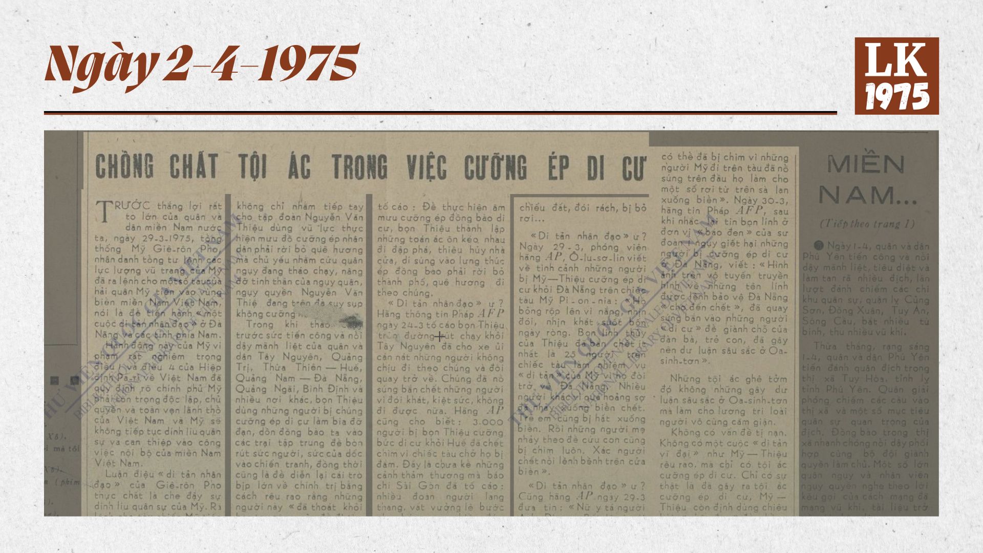 1975 – Ngày 2-4: Bắc Việt và Sài Gòn tố cáo nhau về vấn đề dân chạy nạn